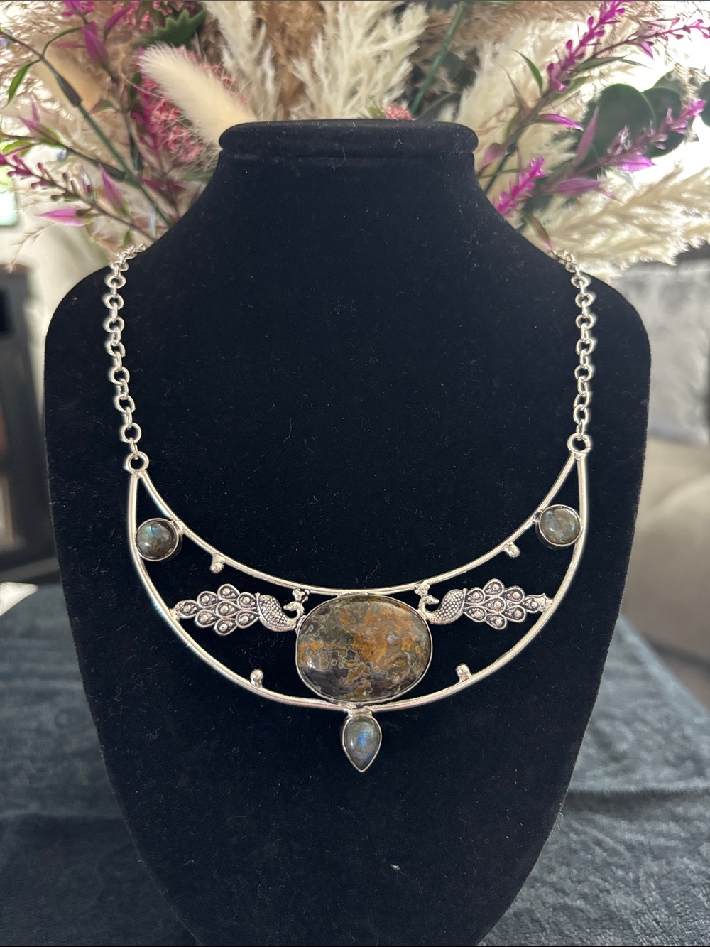 Sterling Silver Jasper Labradorite Gemstone Statement Necklace.